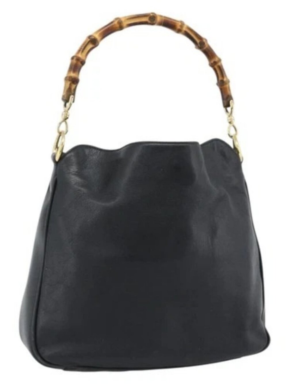 GUCCI Bamboo Hand Bag Leather Black Gold Auth fm5373